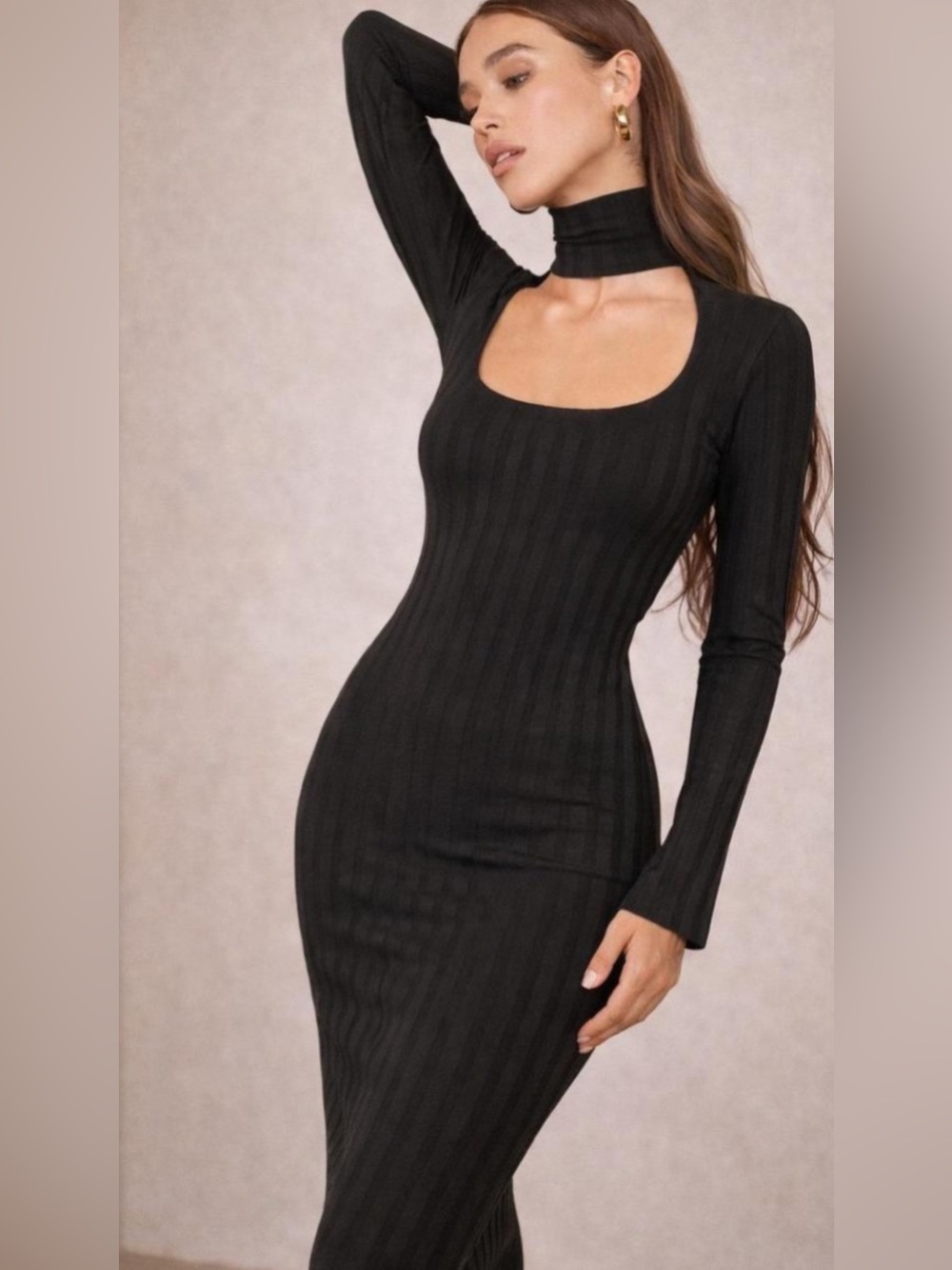 REFORMATION Black Ribbed Long-Sleeve midi Bodycon Dress with Choker Neck